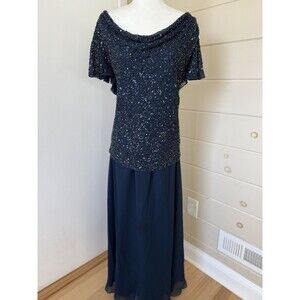 JKARA Beaded Navy Dress Formal Classic Elegant Grand Mother Bride 24 W